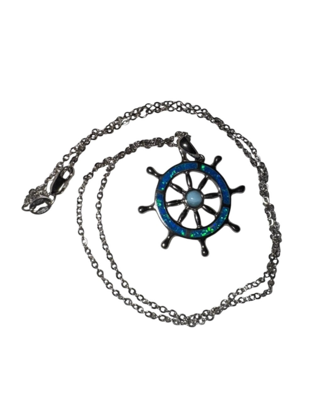 Sterling Silver Nautical Wheel Opal Pendant With Larimar Stone Necklace
